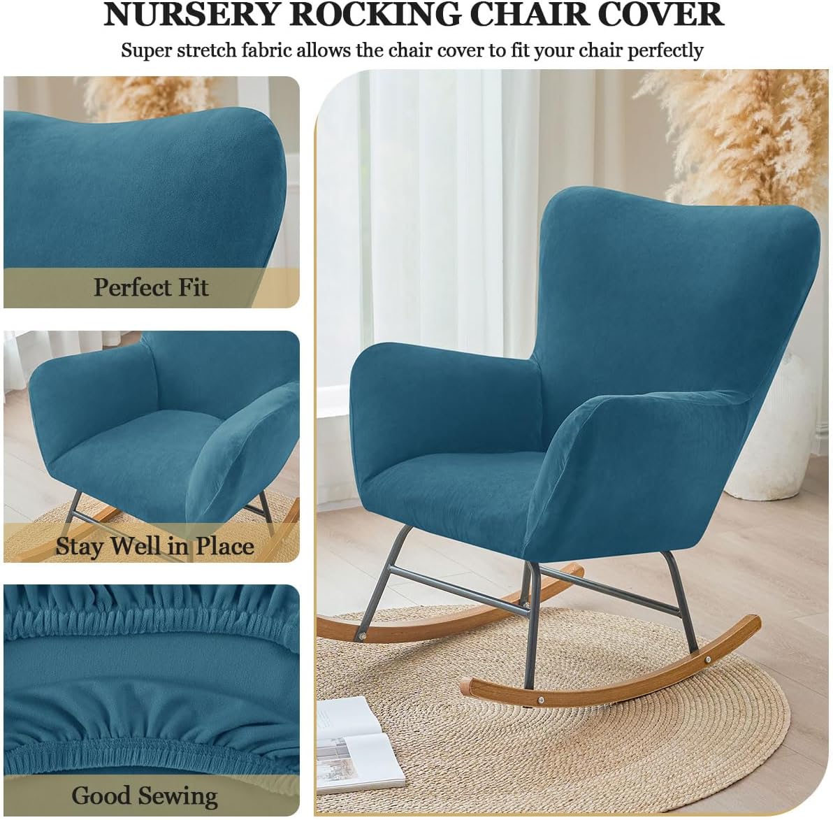 Levoberg Nursery Rocking Chair Cover Velvet Rocker Glider Chairs Cover Slipcovers Stretch Rocking Accent Chair Cover Recliner Armchair Slipcover for Nursery Living Room Bedroom Office Peacock Blue