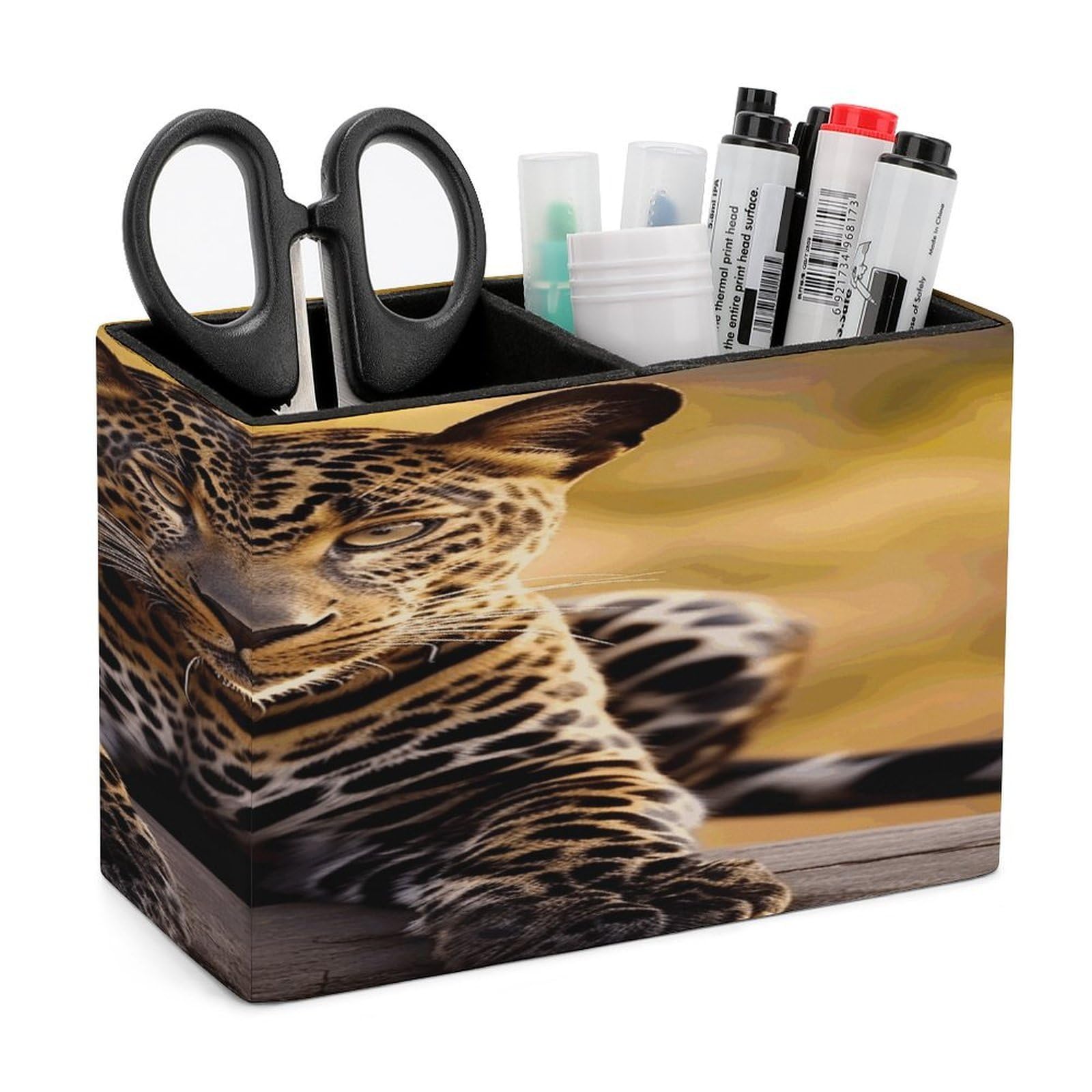 VstaDank Africa Nature Leopard Pencil Holder for Desk(Double Slots) Fashion Leather Pencil Cup Simple Rectangular Shape Pen Holder Multi-Functional Pen Cup for Home Office Supplies Storage