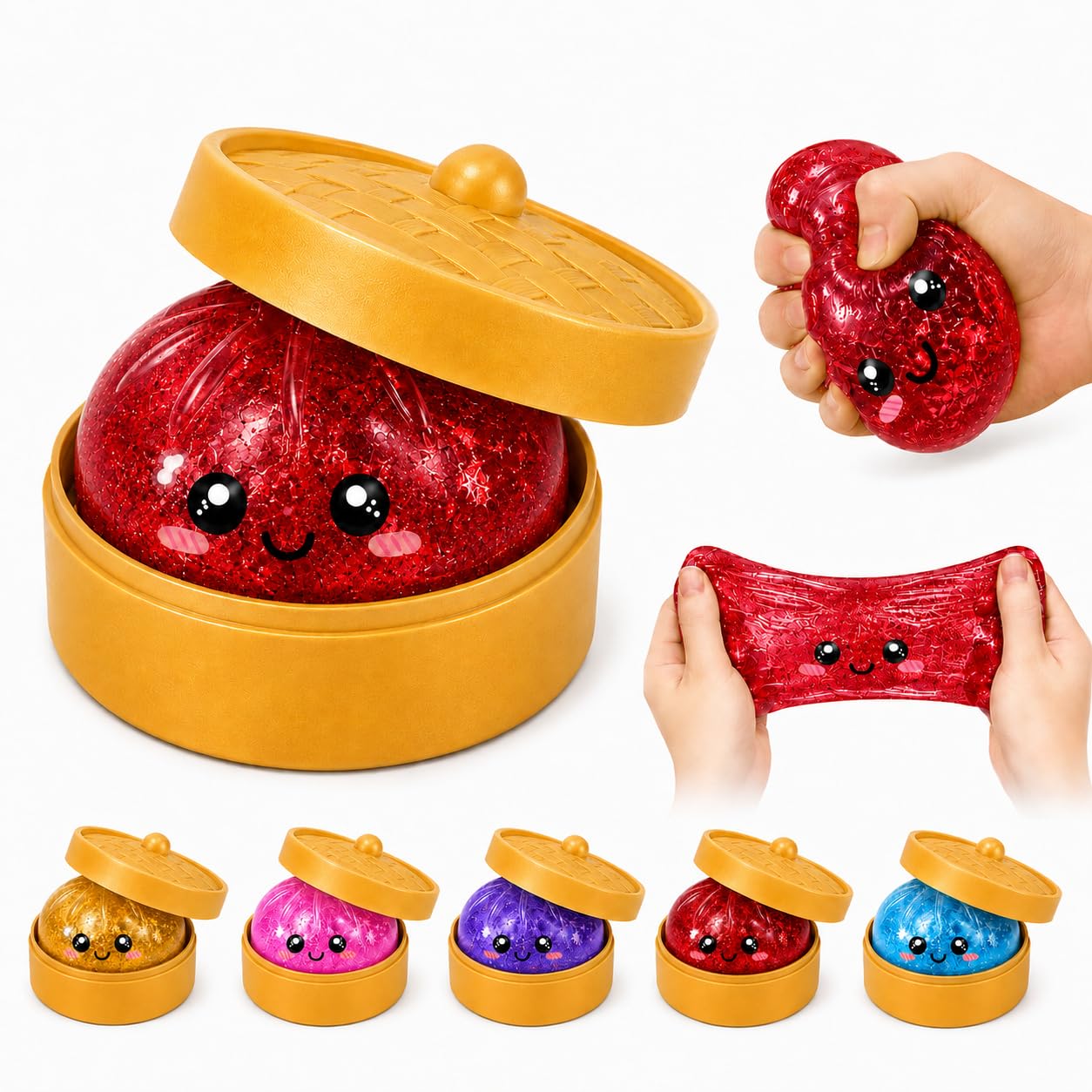 INTELLIGRON Glitter Dumpling Squishy Toy, Cute Squishy Dumpling with Plastic Top, Soft Rubber-Feel Squeeze Toy, Kawaii Food Fidget Toy, Desk Toy, Party Bag Filler & Novelty Gift (Red)
