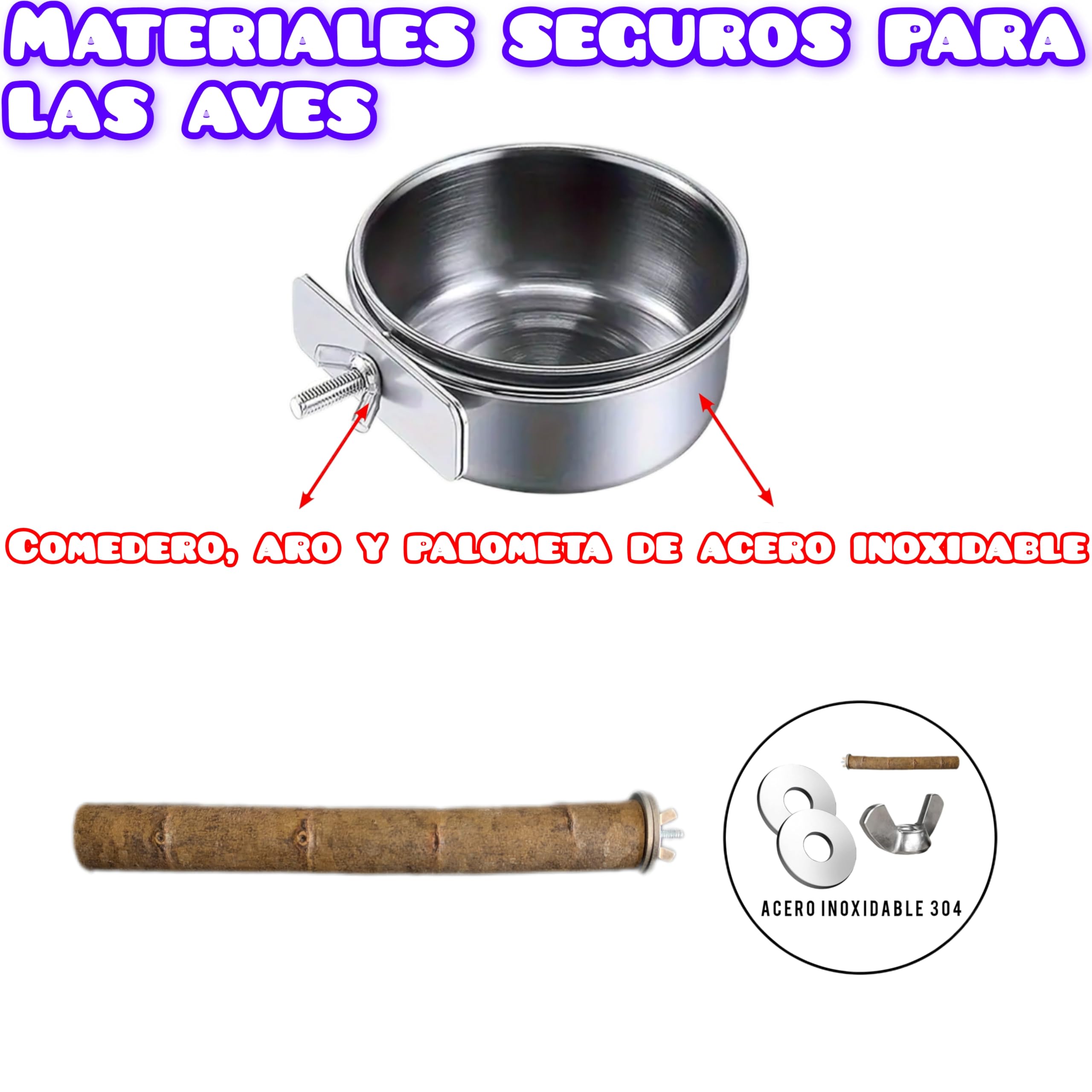 2+2 und comederos de acero inoxidable y perchas para jaula de loro yaco, guacamayo, cuencos 10 y 12cm para pienso y semillas de pájaros agaporni, ninfa, accesorios aviario y voladera de aves. (S)