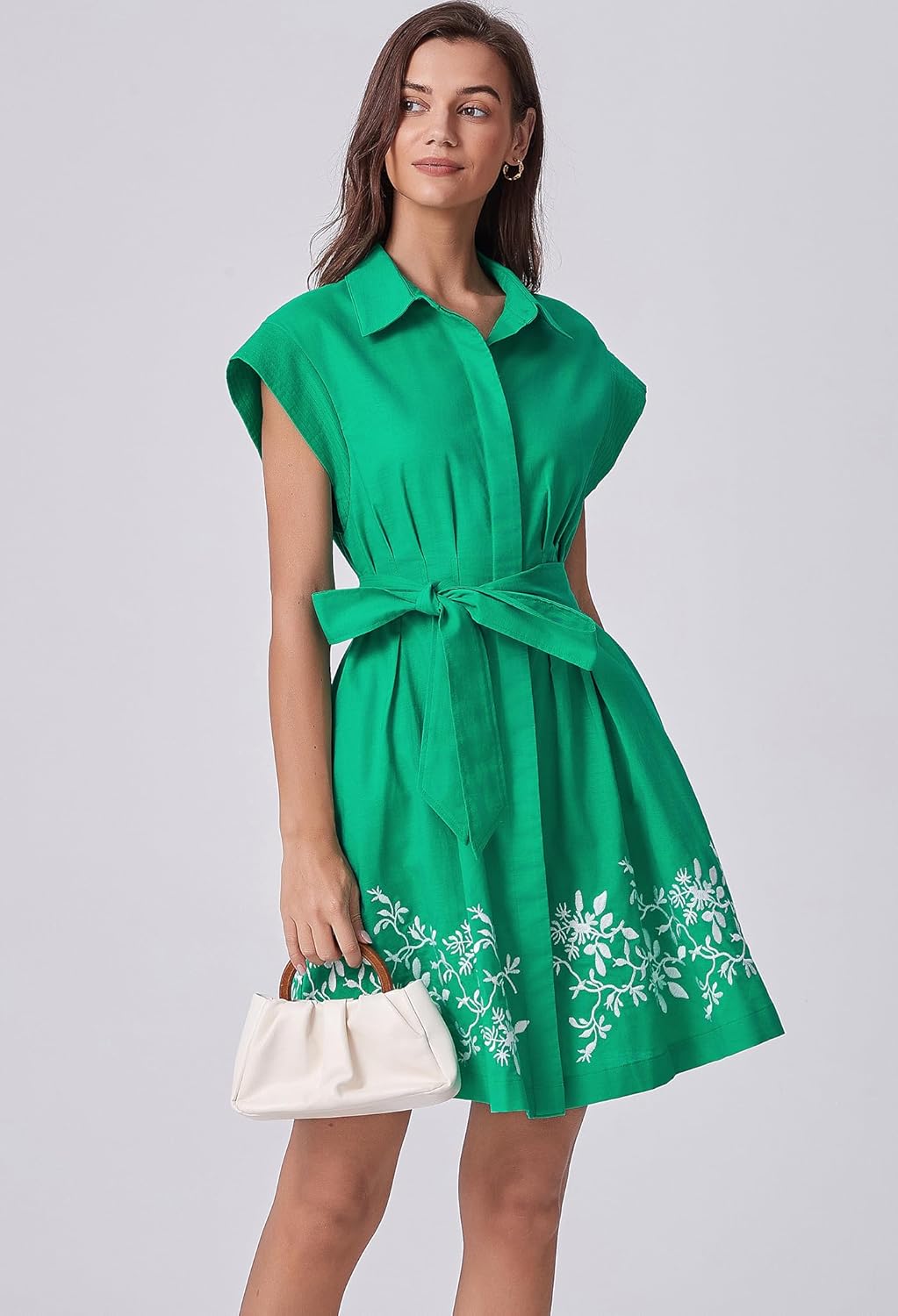 D-Sun Women Embroidery Shirt Dress Button Down Cotton Linen Short Sleeves Collared Belted Pleated Mini Dress with Pocket - Image 6