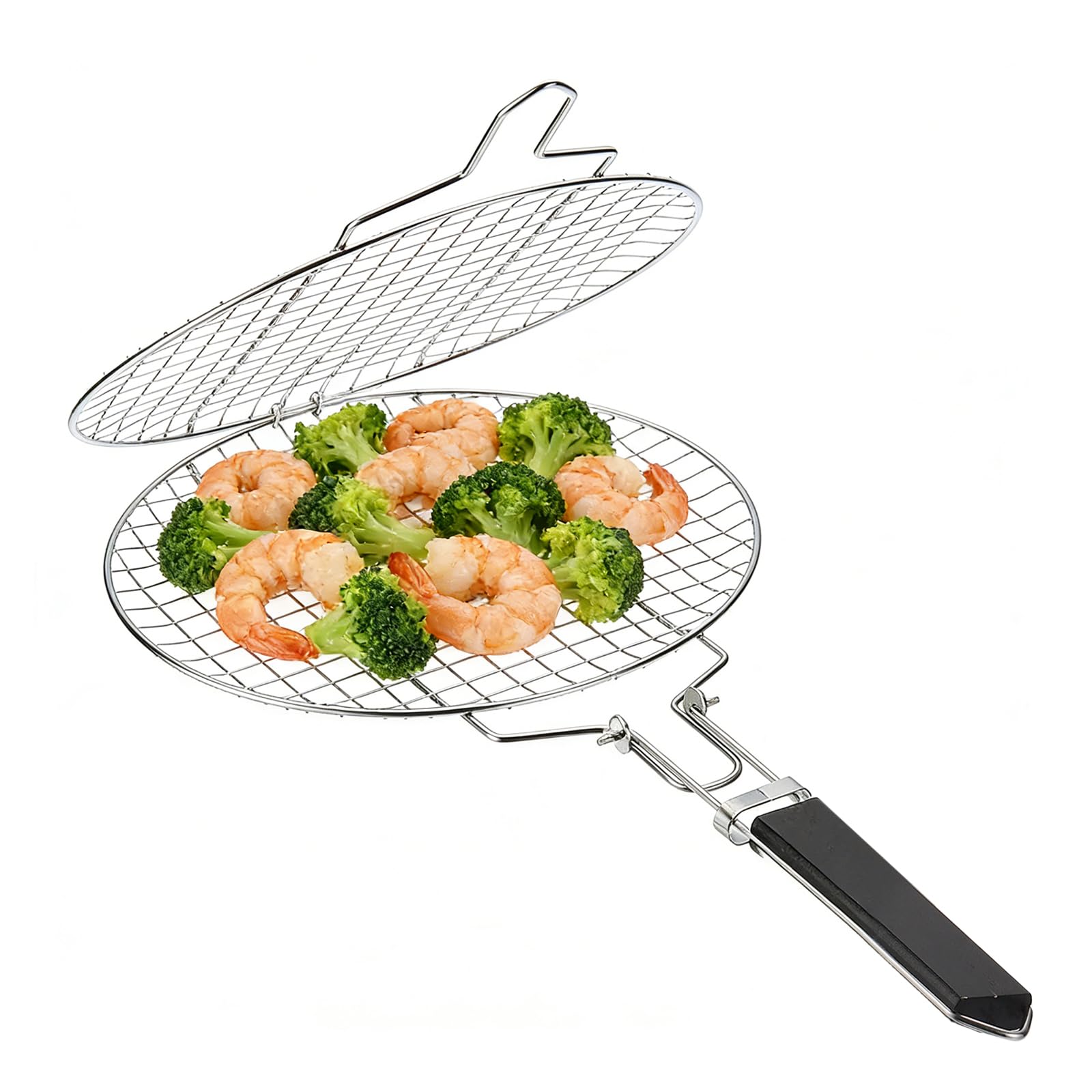 sourcing map Griglia per pesce, in acciaio inox, rotonda, pieghevole, portatile, da campeggio, con manico rimovibile, per carne, pesce, verdure