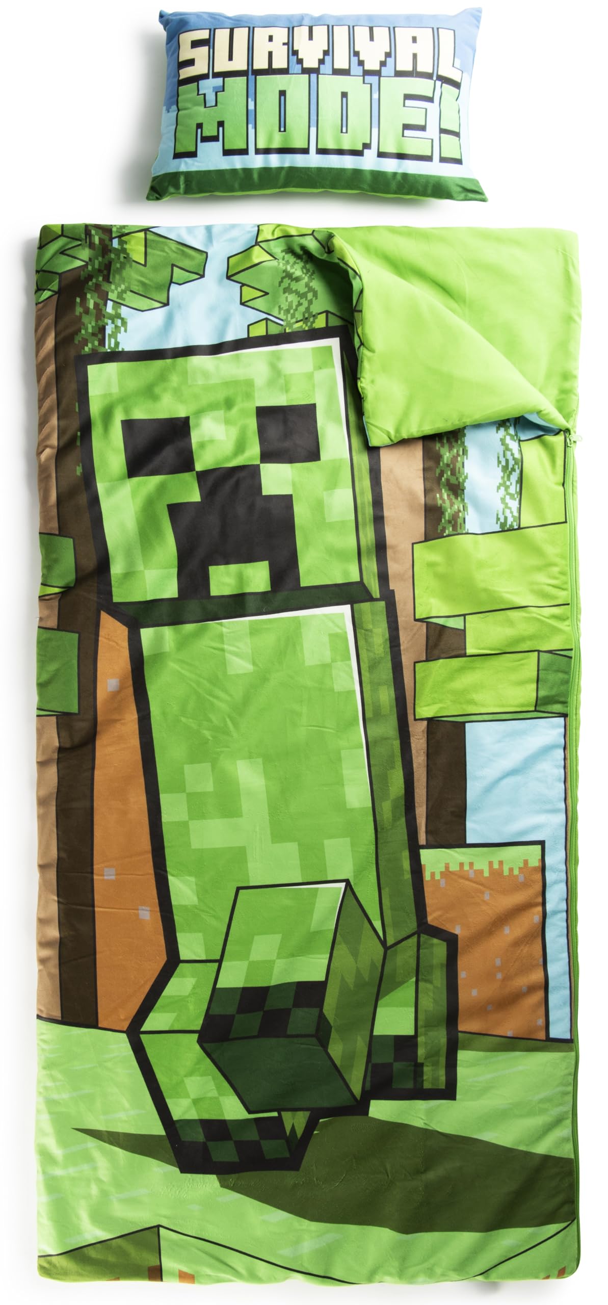 Set de 2 con Almohada y Manta de Creeper de Minecraft, Suave Saco de Dormir Infantil con Bolsa y Almohada, para Fiestas de Pijamas, Viajes y acampadas