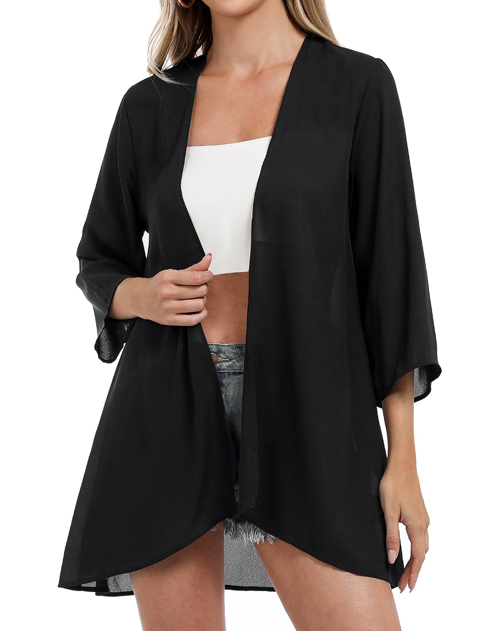Aottori Kimono Mujer Verano Pareos Playa Manga 3/4 Gasa Chaqueta Cardigan Elegante Ligero Corta Traje de Baño Bikini Cover Up Camisas