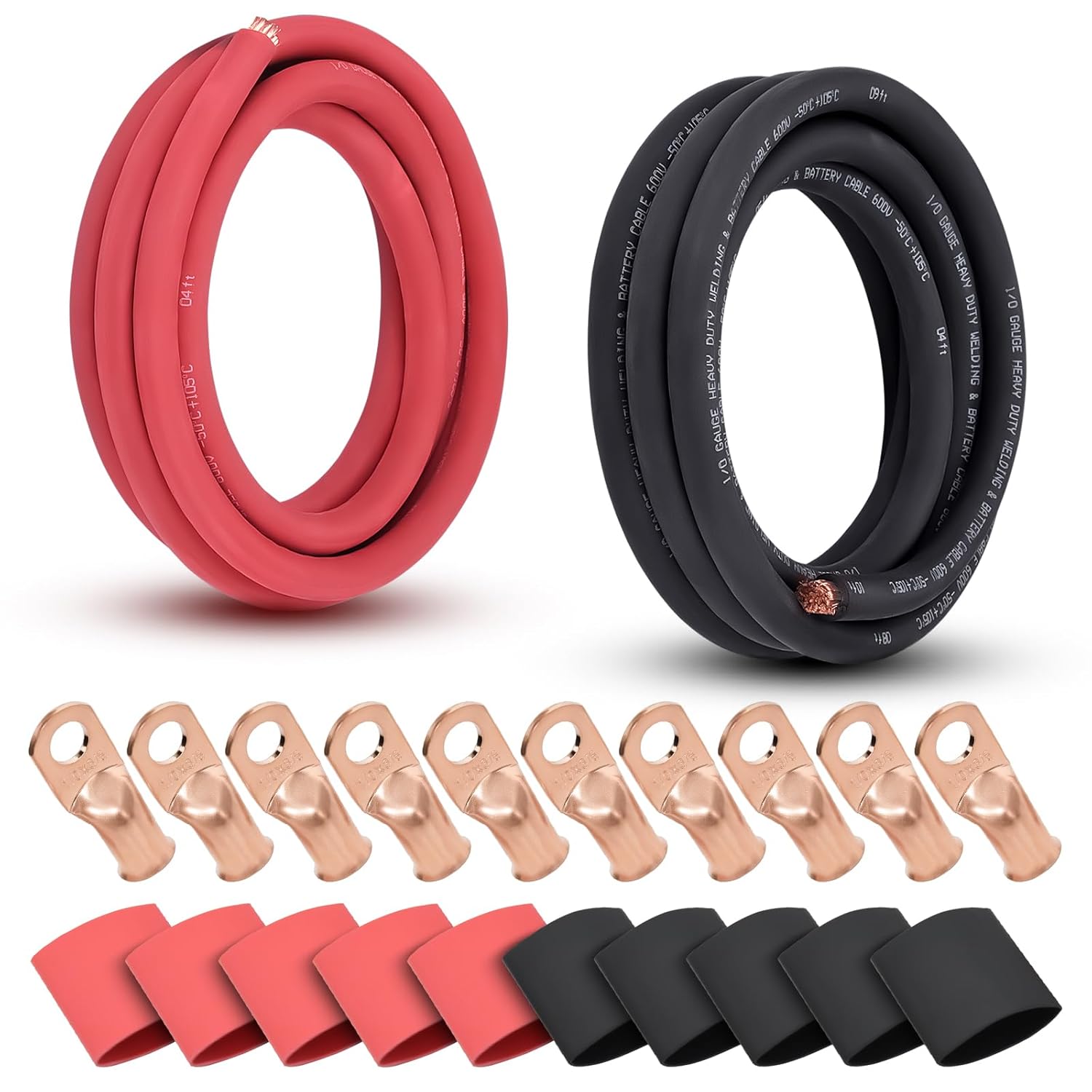 1/0 AWG Welding Cable Kit with Ring Terminals & Heat Shrink Tubing - 20ft Total (10ft Red +10ft Black) OFC Copper +10x 3/8" Terminals +5 Red/5 Black Tubing - American Standard