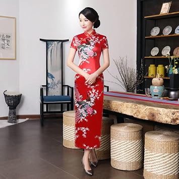 REDBMX Chinese Style Vintage Qipao Summer Short Sleeve Long Qipao Traditional Dress Women Cheongsam Middle Age Women Clothing, XX-Large