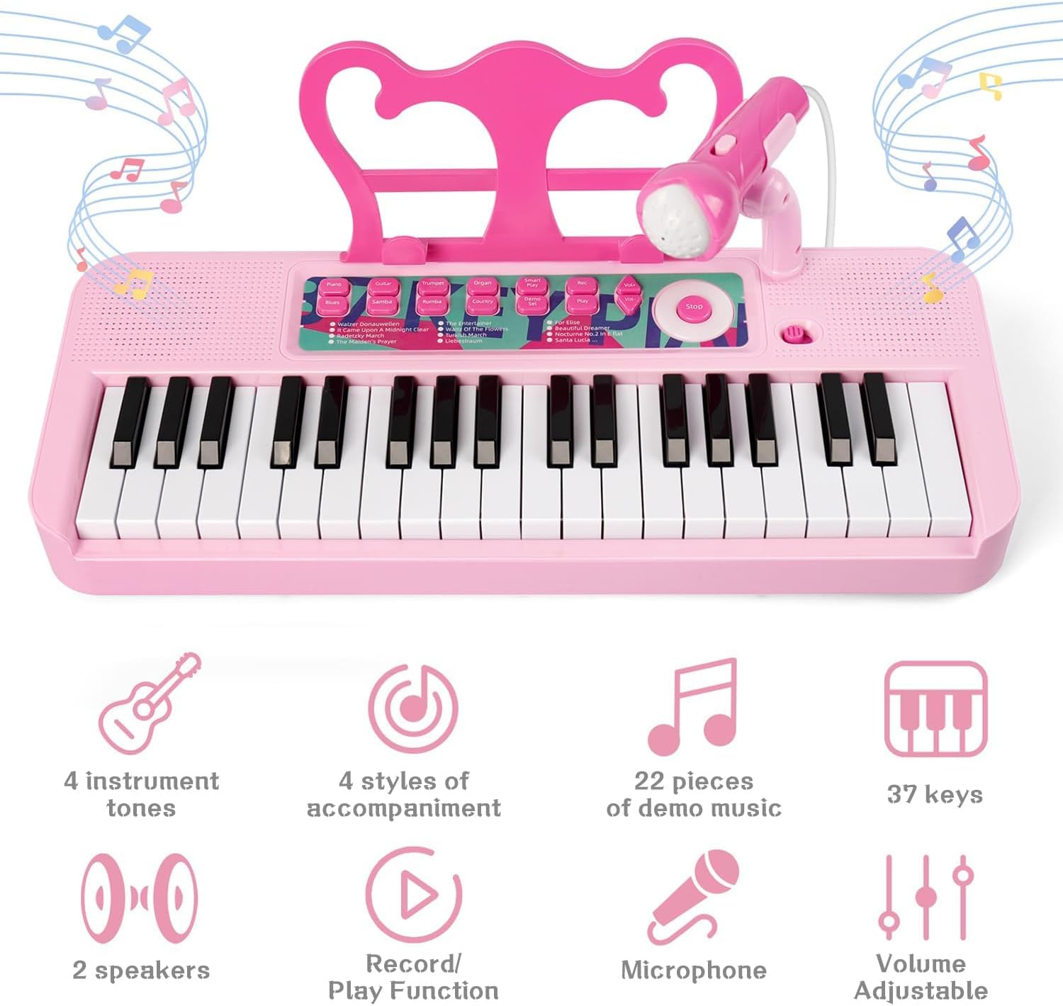 Kids Piano, 37 Keys Toddler Piano Keyboard Toy Electronic Musical Instrument Educational Toy with Microphone, 2 Speakers, Record Playback, Christmas Birthday Gift for 3+ Years Old