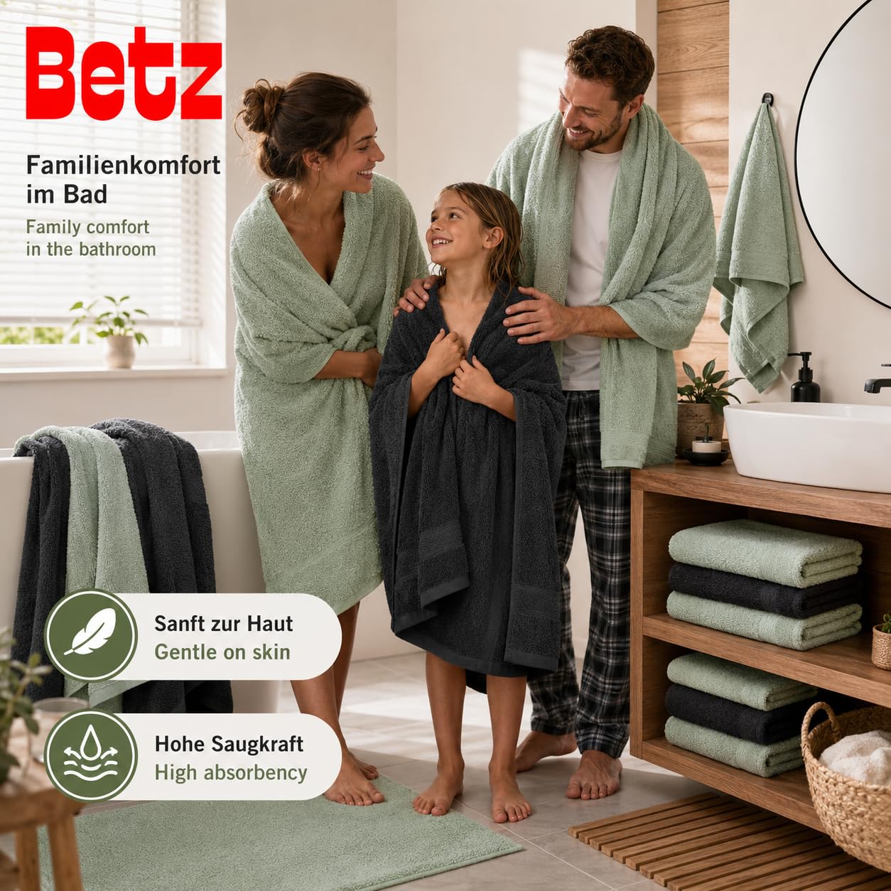 Betz Lot de 12 Serviettes Premium 2 draps de Bain 4 Serviettes de Toilette 2 Serviettes d'invité 2 lavettes 2 Gants de Toilette 100% Coton Couleur Graphite & Vert Foin
