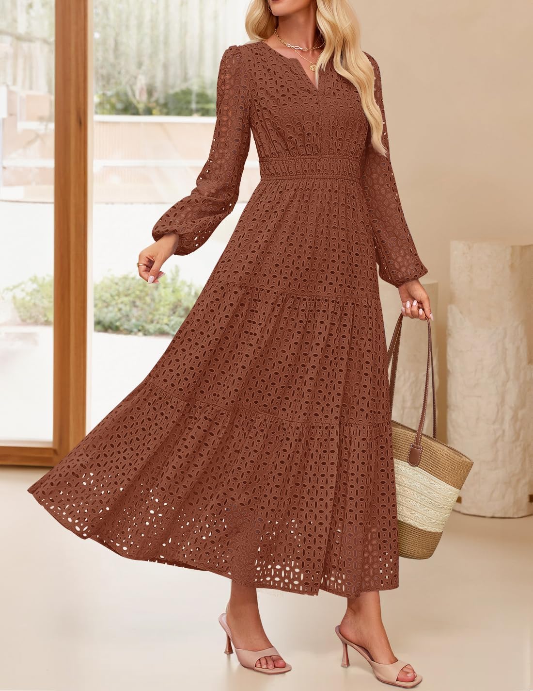 ZESICA Women's 2026 Spring Long Sleeve Maxi Dress V Neck Hollow Out Eyelet A Line Long Flowy Casual Party Dresses - Image 3