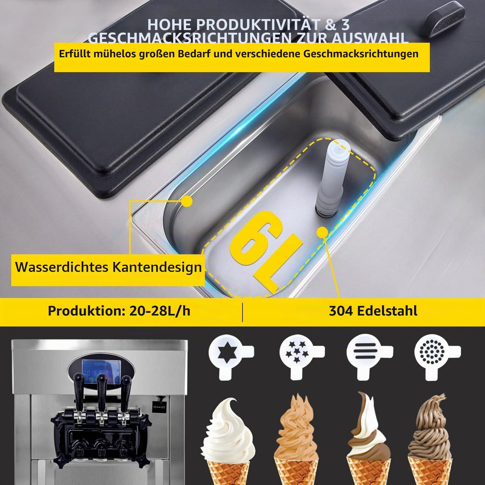 Kommerzielle Eismaschine, 20–28 L/h 2200 W, Kommerzielle Softeismaschine, Gewerbliche Eiscrememaschine mit 3 Aromen & 2 x 6L & LED-Panel, für Restaurant, Café (8228H)