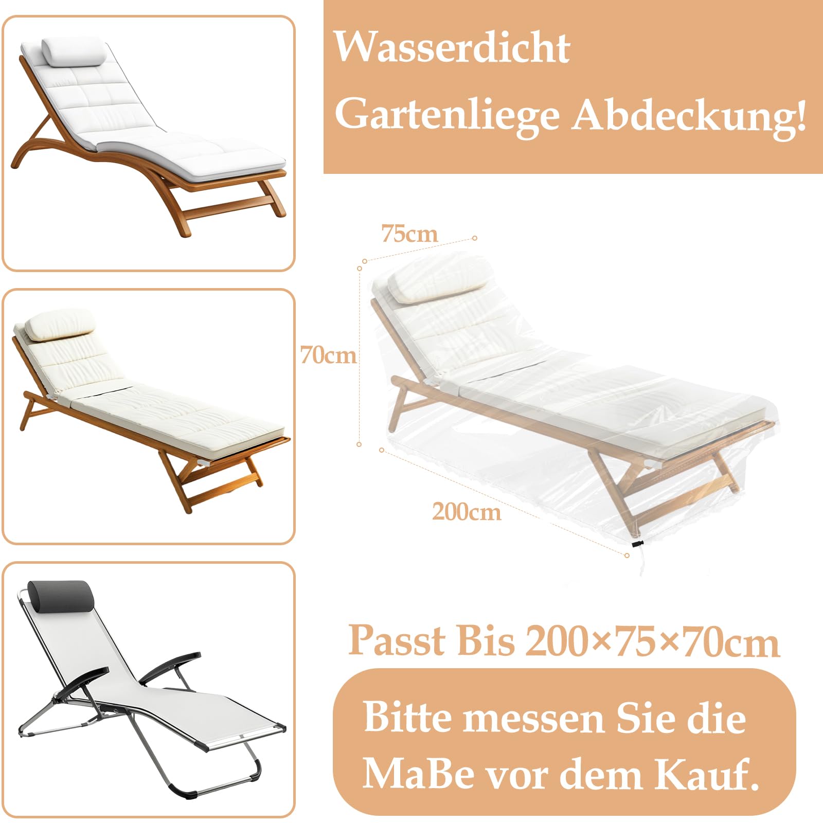 Housse de protection pour chaise longue de jardin, chaise longue, avec cordon de serrage, 200 x 70 x 75 cm, transparente, pour meubles de jardin, chaise longue, housse imperméable