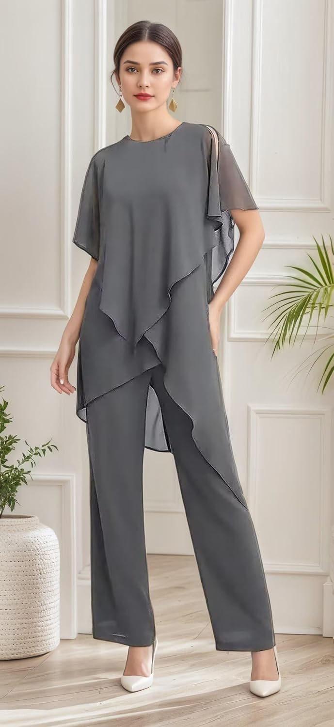 Tiered Mother of The Bride Pant Suits for Women Dressy 2 Pieces Half Sleeves Chiffon Formal Evening Jumpsuits Outfit