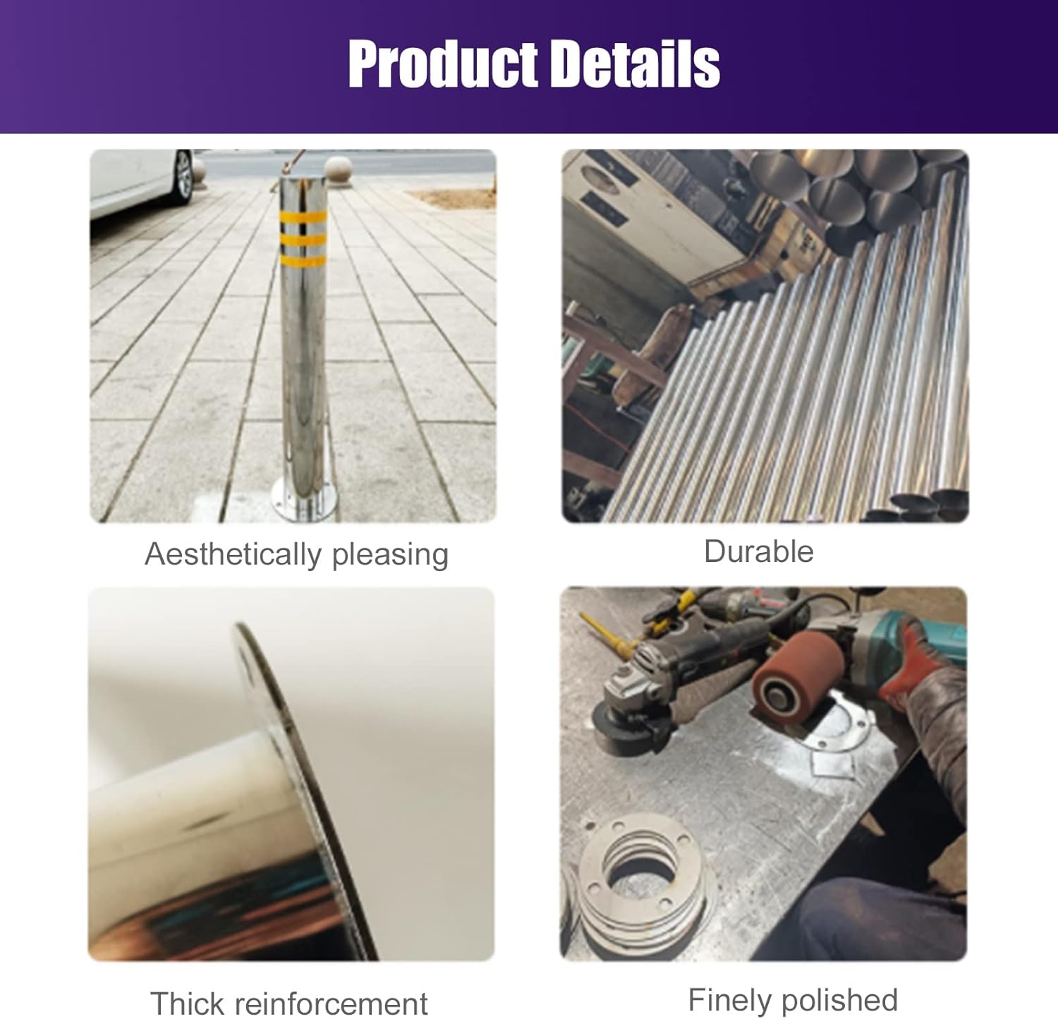 Stainless Steel Security Parking Lock Posts with Lock & Base, Reflective Tape, for Home Garage Driveway Commercial Solid Barrier