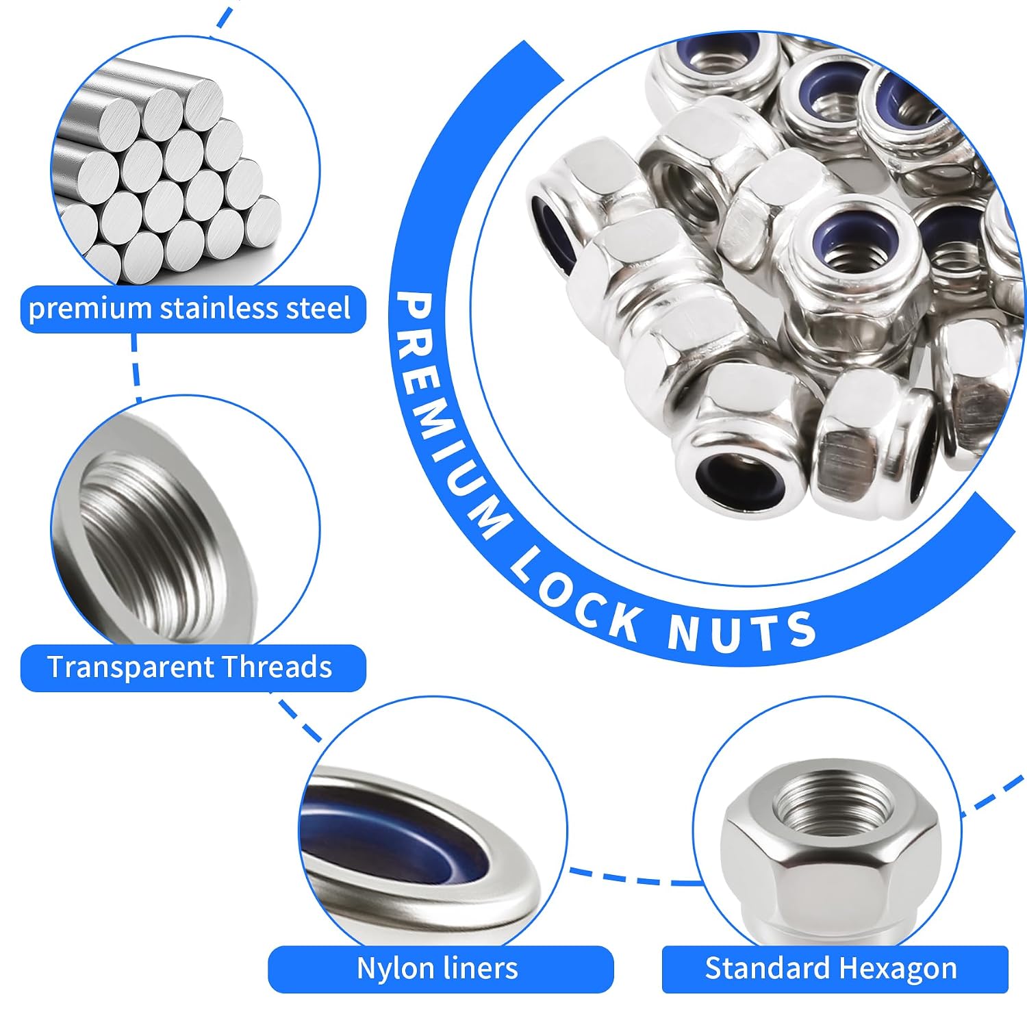 10pcs M4x0.7mm Nylon Inserted Hex Lock Nuts, 304 Stainless Steel
