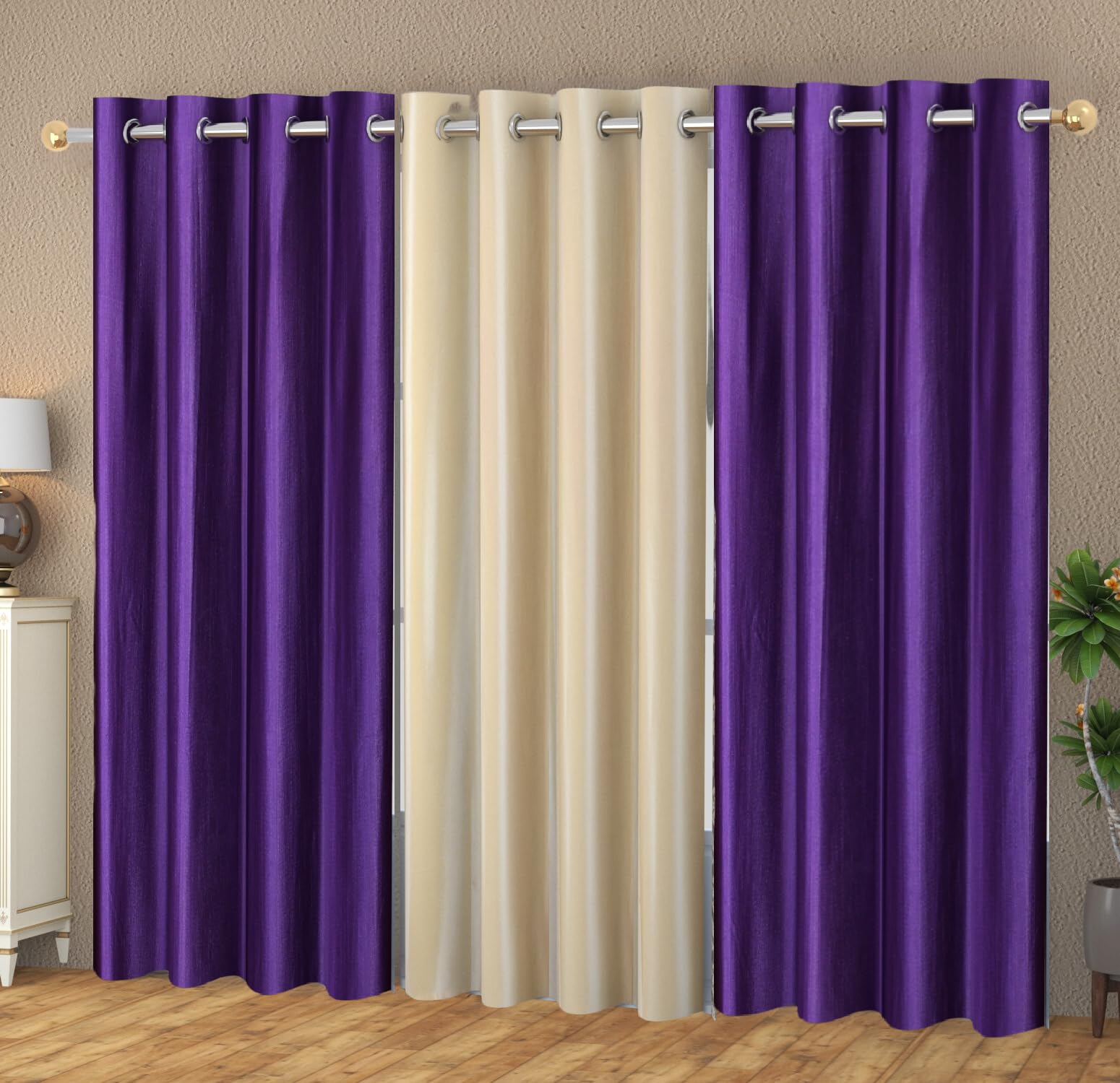 YUKANY Eyelet Polyester Modern Solid Crush Set of 3 Pcs. Door Curtains (7 Feet, 2 Purple + 1 Cream)