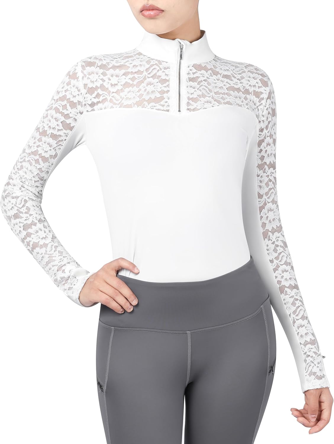 Harrison Howard Ladies Long Sleeve Lace Rider Top with Exquisite Lace Spliced Sleeves Slim Fit Show Shirt