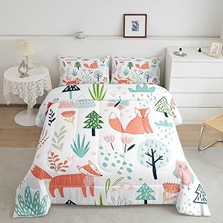 Fox Bedding Set Twin, Cartoon Fox Comforter Forest Fox Owl Comforter Set for Kids Nature Wildlife Duvet Set Twin Size Lightweight Quilt Set