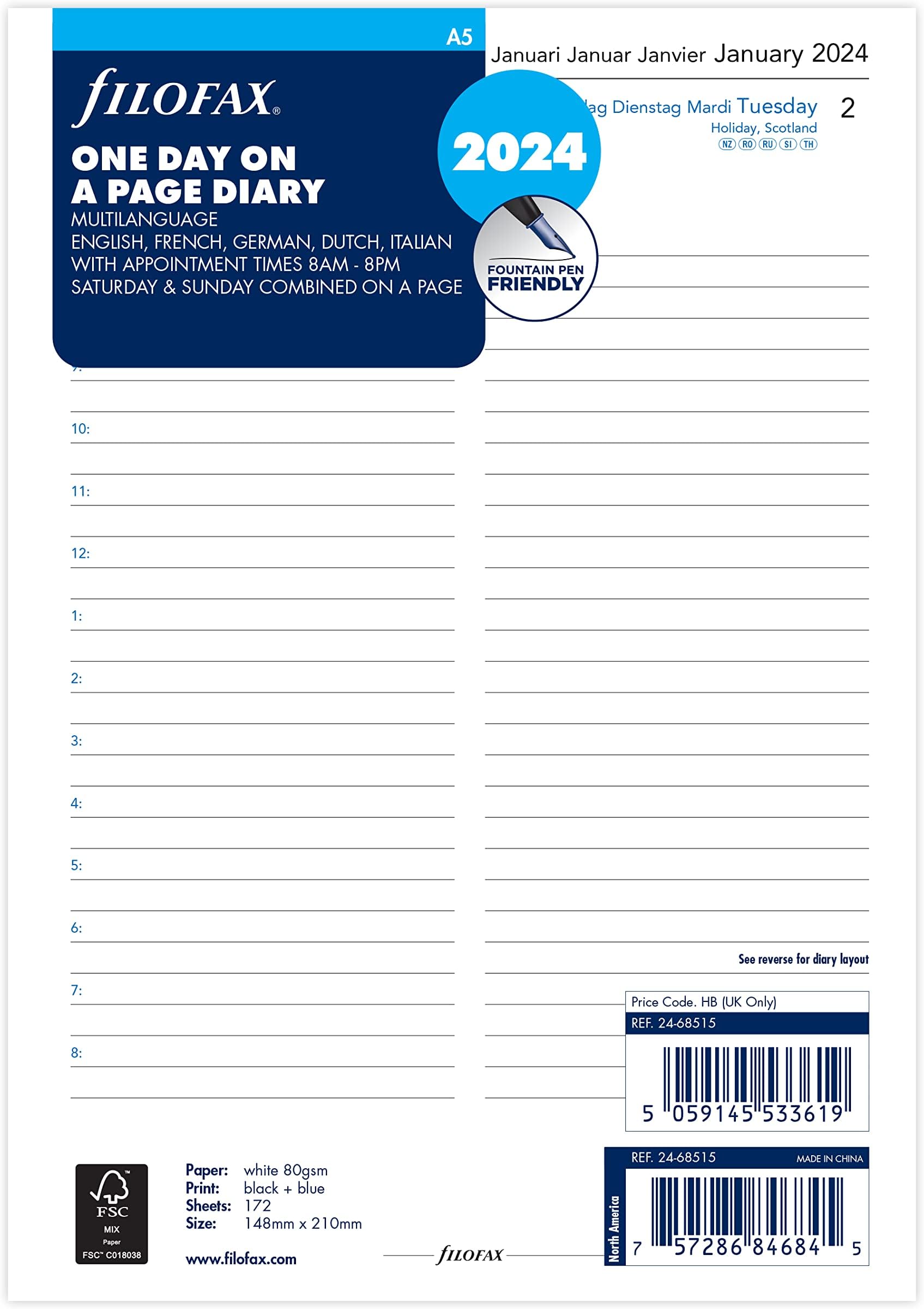 A5 One Day On A Page 2024 Multilanguage Classic Diary with Appointments, Grey