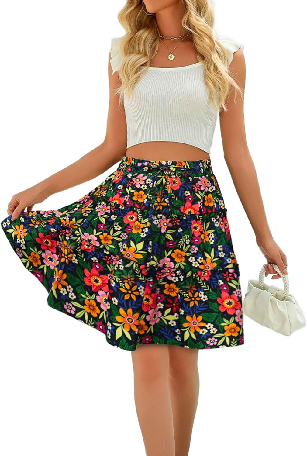 Womens Summer Floral Print Knee Length A Line Flared Swing Mini Skirts Drawstring Elastic Waist Boho Skirt