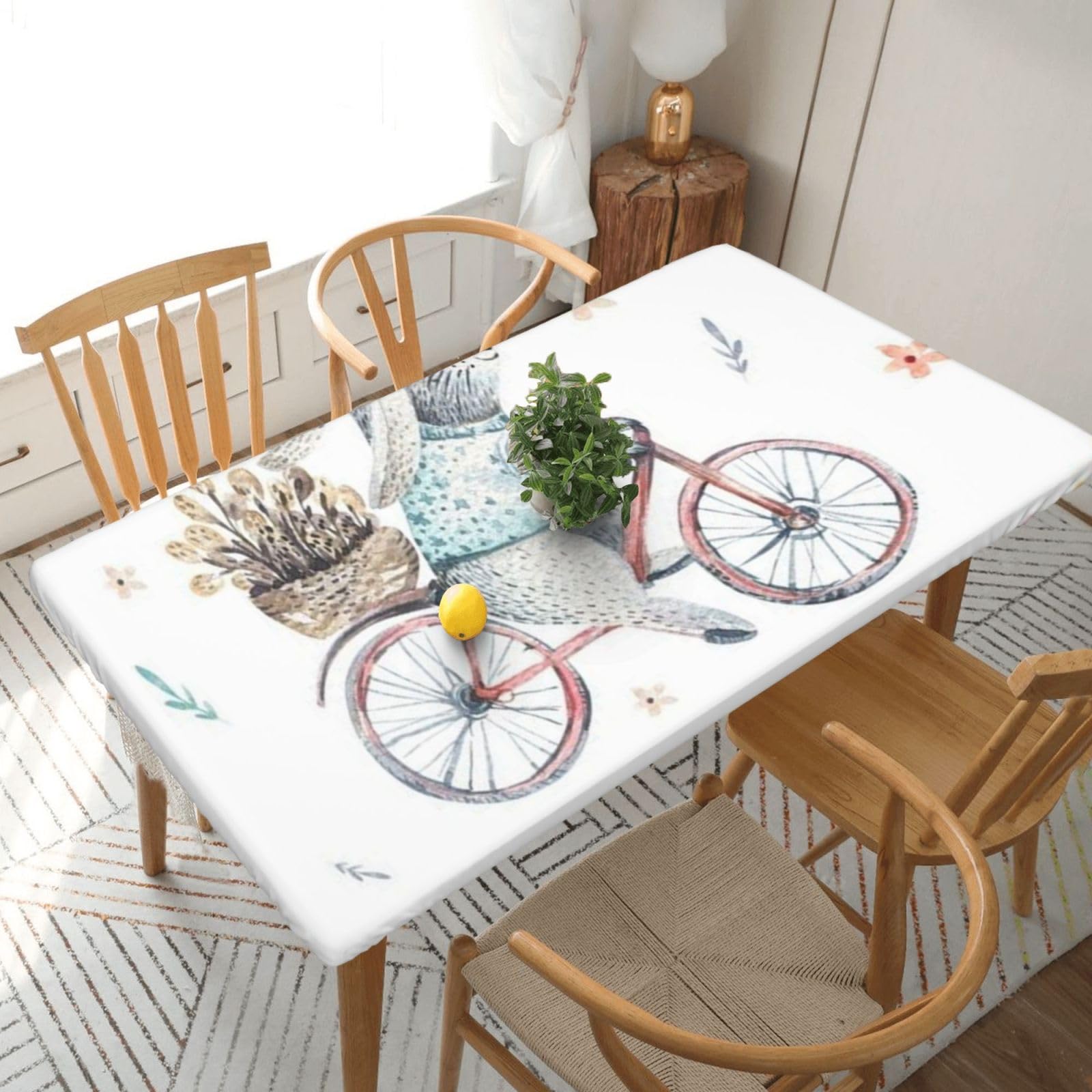 DCEHGEW Elastic Fitted Rectangle Tablecloth for 5ft Tables, Watercolor Cartoon Bunnies with Leaves Printed Oilproof & Washable Fabric Picnic Table Cloth Table Covers