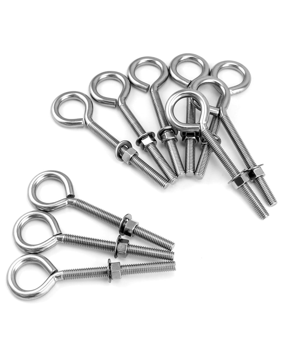 QWORK Eye Bolts, 10 Pack 3/8" x 4" Stainless Steel Long Threaded Eyebolts with Nuts, for Hanging or Securing Cables