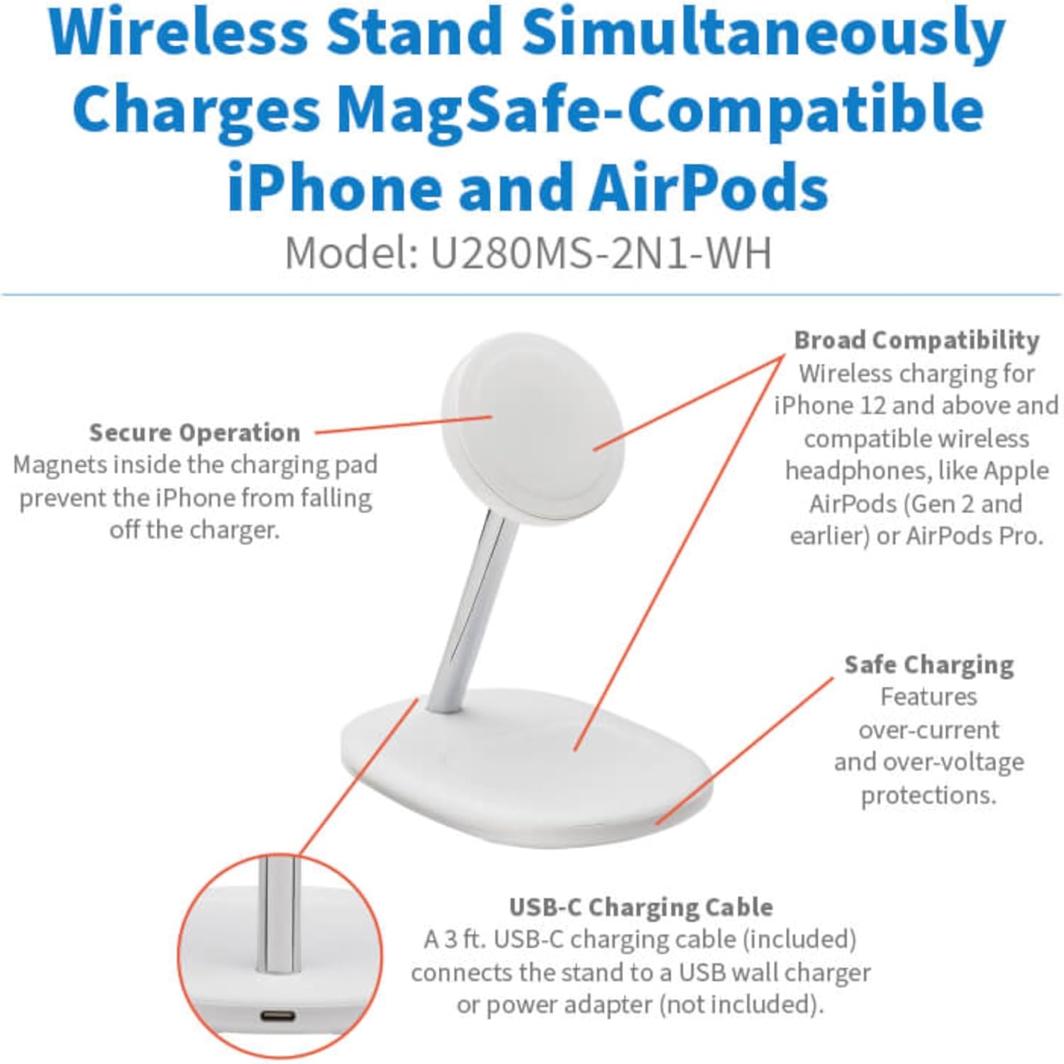 Eaton Tripp Lite Series Wireless Charger Stand, 20W Magnetic Charging Stand, MagSafe MFi Charging for Apple iPhone & AirPods, Adjustable Stand, 3ft Cable, White, 1-Year Warranty (U280MS-2N1-WH)