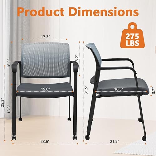 Miniatura 129 de CLATINA Silla de sala de espera negra con ruedas y respaldo de malla apilable con asiento de tela tapizado y soporte lumbar ergonómico para oficina