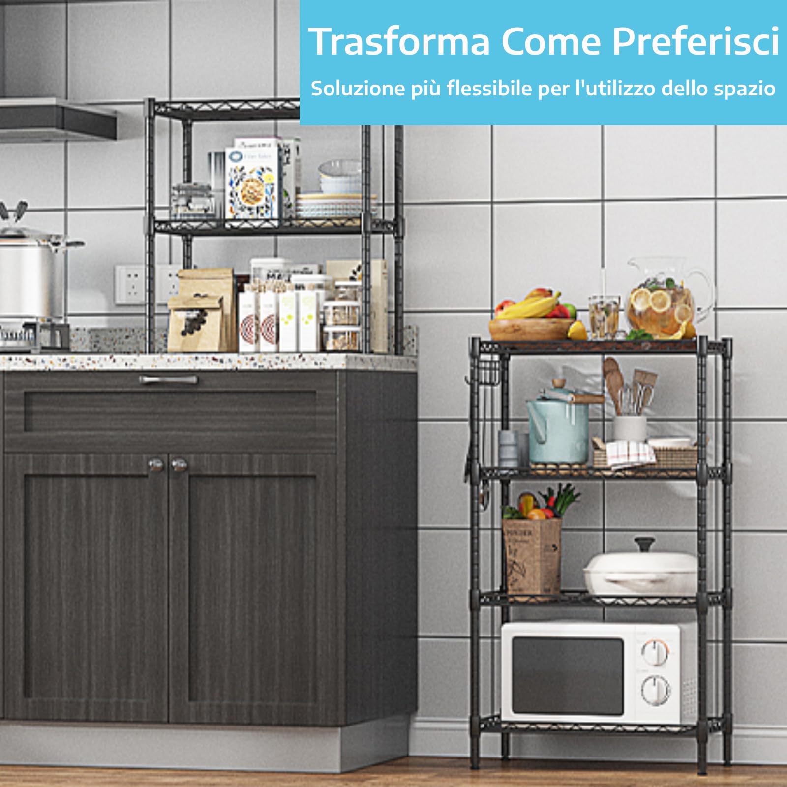 Himimi - Scaffale da cucina, in metallo, con ganci laterali, cromato, 54 x 29 x 160 cm,nero