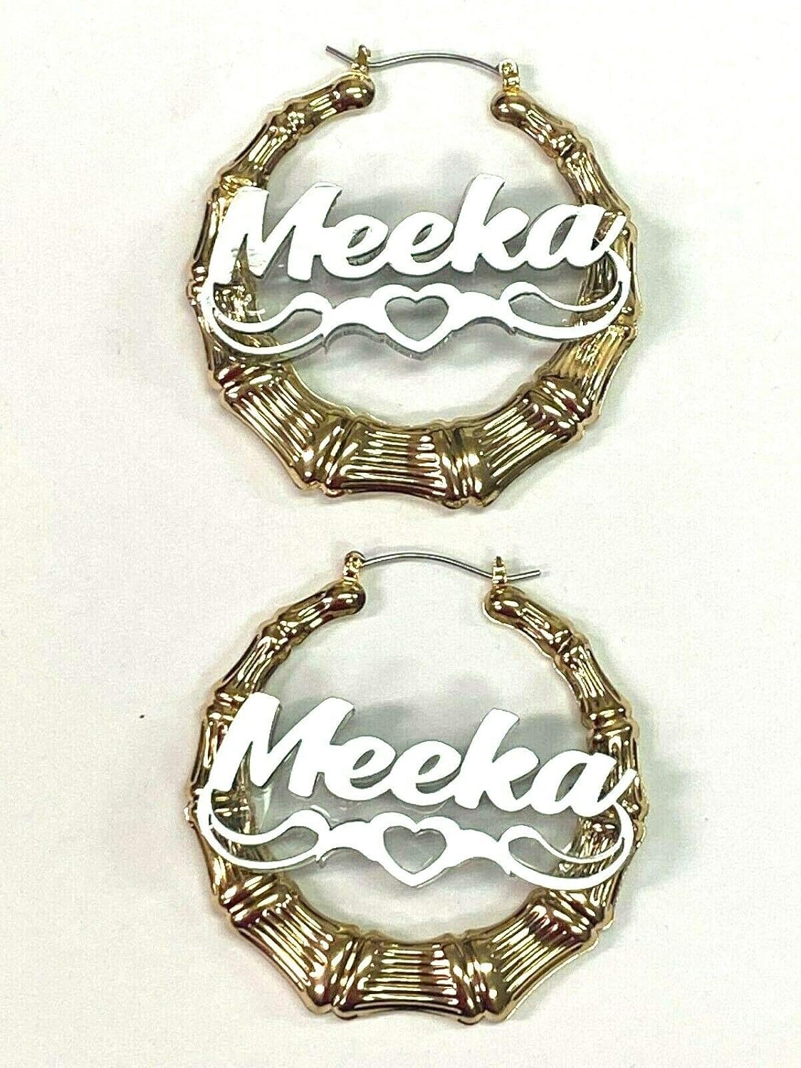 Personalized Custom Gold 1.5, 2.5, 3.5" Size Choice Bamboo Earrings Hoop Name Plate Laser Cut Diamond Look Script Cursive Swirls Design Stunning Look - Quality, Attractive Gold Bamboo Earrings, Made To Order - Any Name