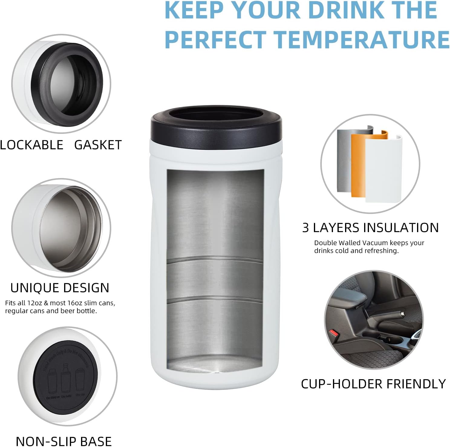 COKTIK 4 in 1 Insulated Can Cooler, 8 Pack Double Wall Slim Can Cooler Set for 12 oz Regular or Slim Cans & Beer Bottle (White Shimmer) - Image 4