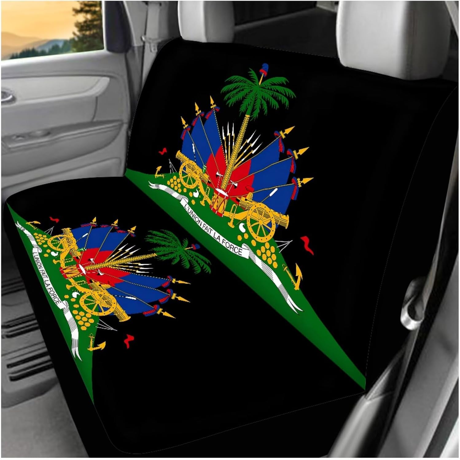 Bulopur Haiti Flag Auto Seat Covers Front Split Rear 14 PCS with Headrest Covers Steering Wheel Cover Armrest Cushion Keychain Seat Belt Pads Coasters Automotive Interior Accessories Set