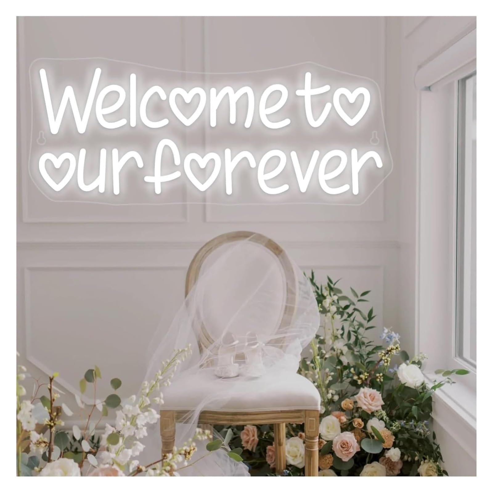 "Benvenuti nel nostro per sempre" Insegna al neon a LED per decorazioni da parete per feste matrimonio 42X17cm(Bianco)
