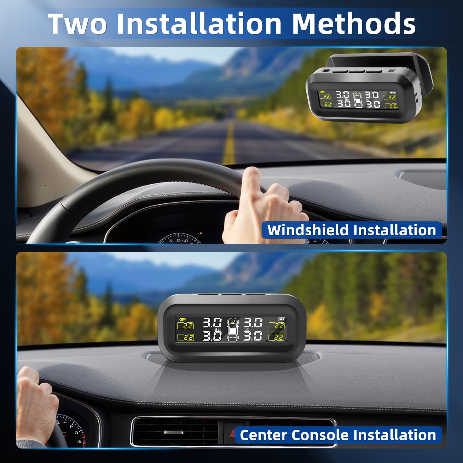KAOLALI TPMS - Sistema de Control de Presión de Neumáticos 0-50 PSI, Fijación al Parabrisas, Carga Solar, Sistema de Control de Presión de Neumáticos con 4 Sensores Externos