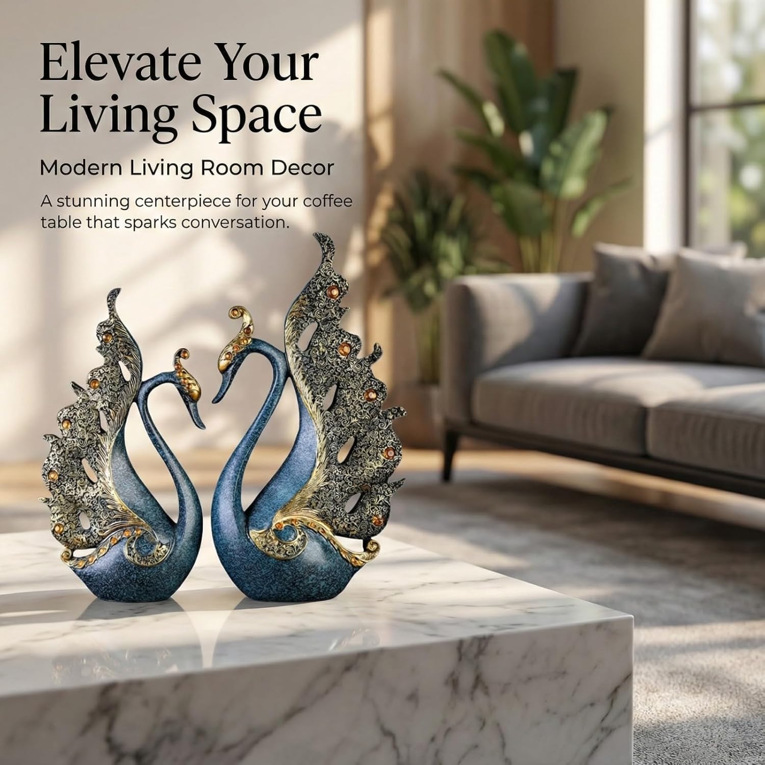 2pcs Swan Statues Couple's Home Decorations for Living Room Decor and Accessories, Sculptures Home Decor for Coffee Table, Book Shelf Decor Accents (Blue)