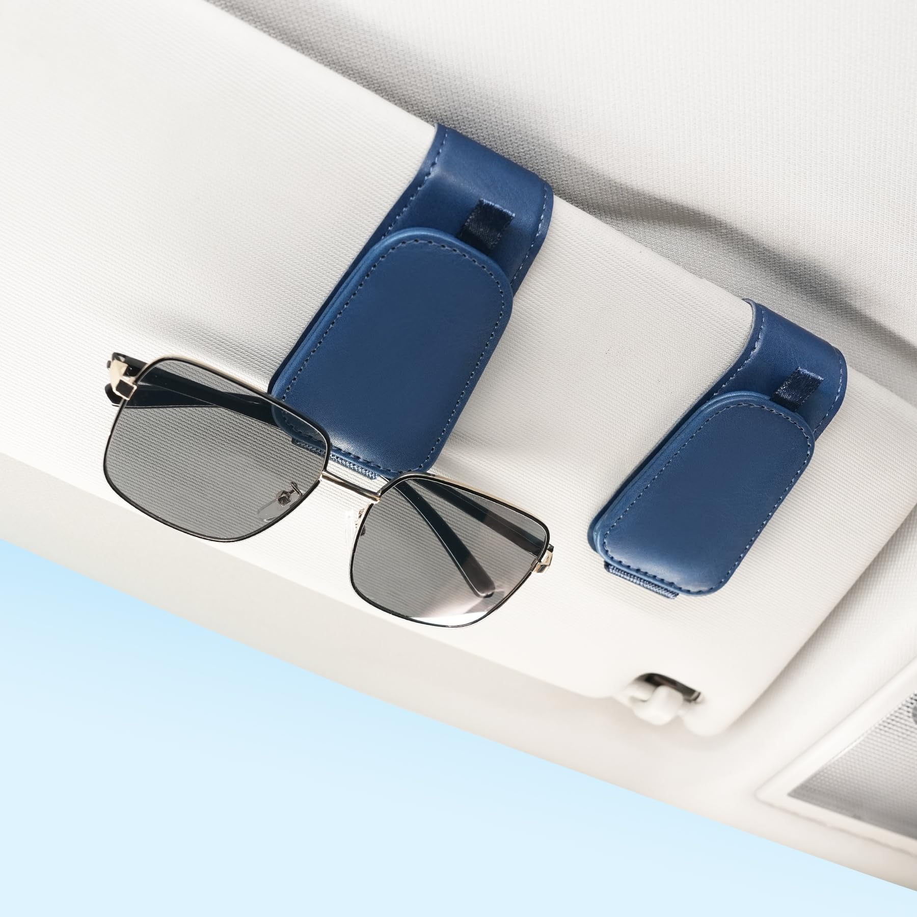 SINGARO 1 Pack Sunglass Holder for Car Visor Sunglasses Holder Clip, Universal Non-Slip Magnetic Leather Glasses Eyeglasses Hanger Mounter, Truck Interior Car Visor Accessories for Woman Man, Blue