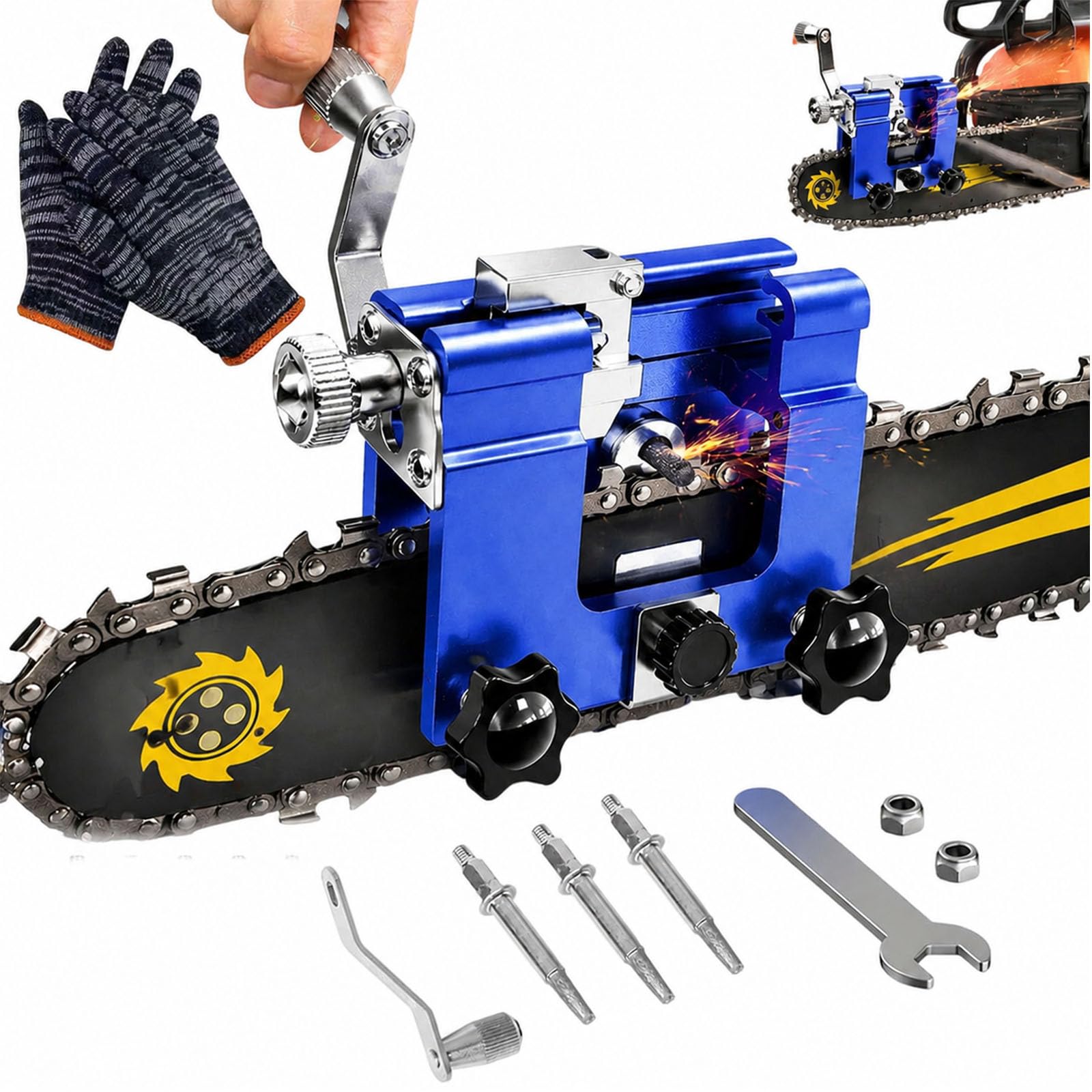 Qinux Klampero Chainsaw Sharpener, Klampero Chain Sharpener, Hand Crank Chainsaw Sharpeners Kit, All Chainsaws Chains with 1，3，5 Sharpening Steels get a Sharp and Even Edge (3-B)