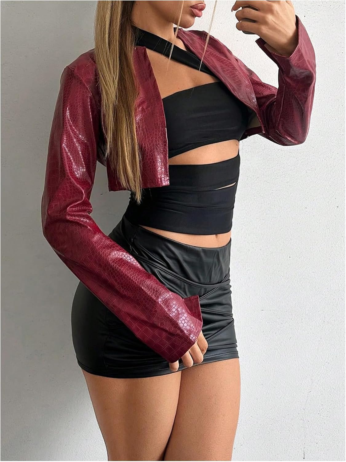 WDIRARA Women's Faux Leather Crop Moto Bike Jacket Open Front Long Sleeve Outerwear Streetwear - Image 2