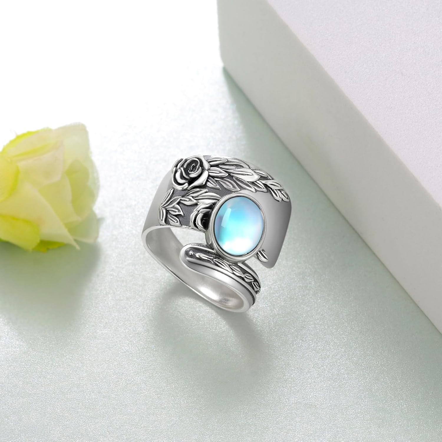 Moonstone Ring S925 Sterling Silver Rose Flower Moonstone Rings Thumb Rings Victorian Jewelry Gifts for Women