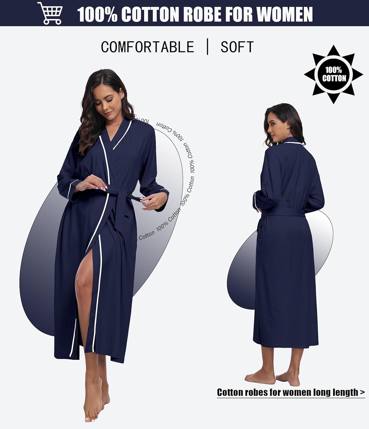 ANLIQI 100% Cotton Robe for Women Long Sleeve Knit Kimono Soft Lightweight Bathrobe Ladies Loungewear with Pockets S-2XL