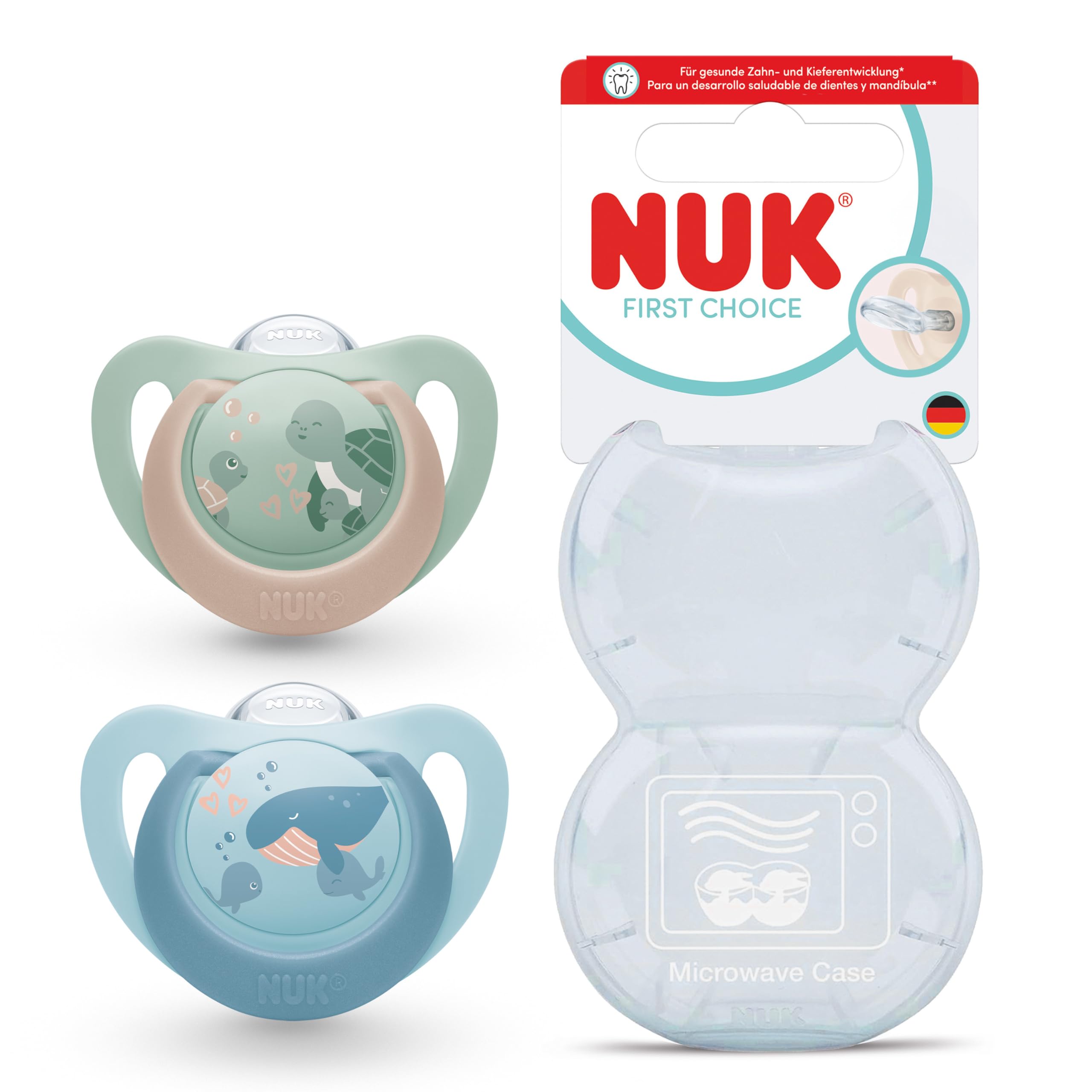 NUK First Choice Baby Schnuller | 6-18 Monate | Kiefergerechte Beruhigungssauger | Beruhigt 99 % aller Babys** | Schildkröte/Wal | 2 Stück