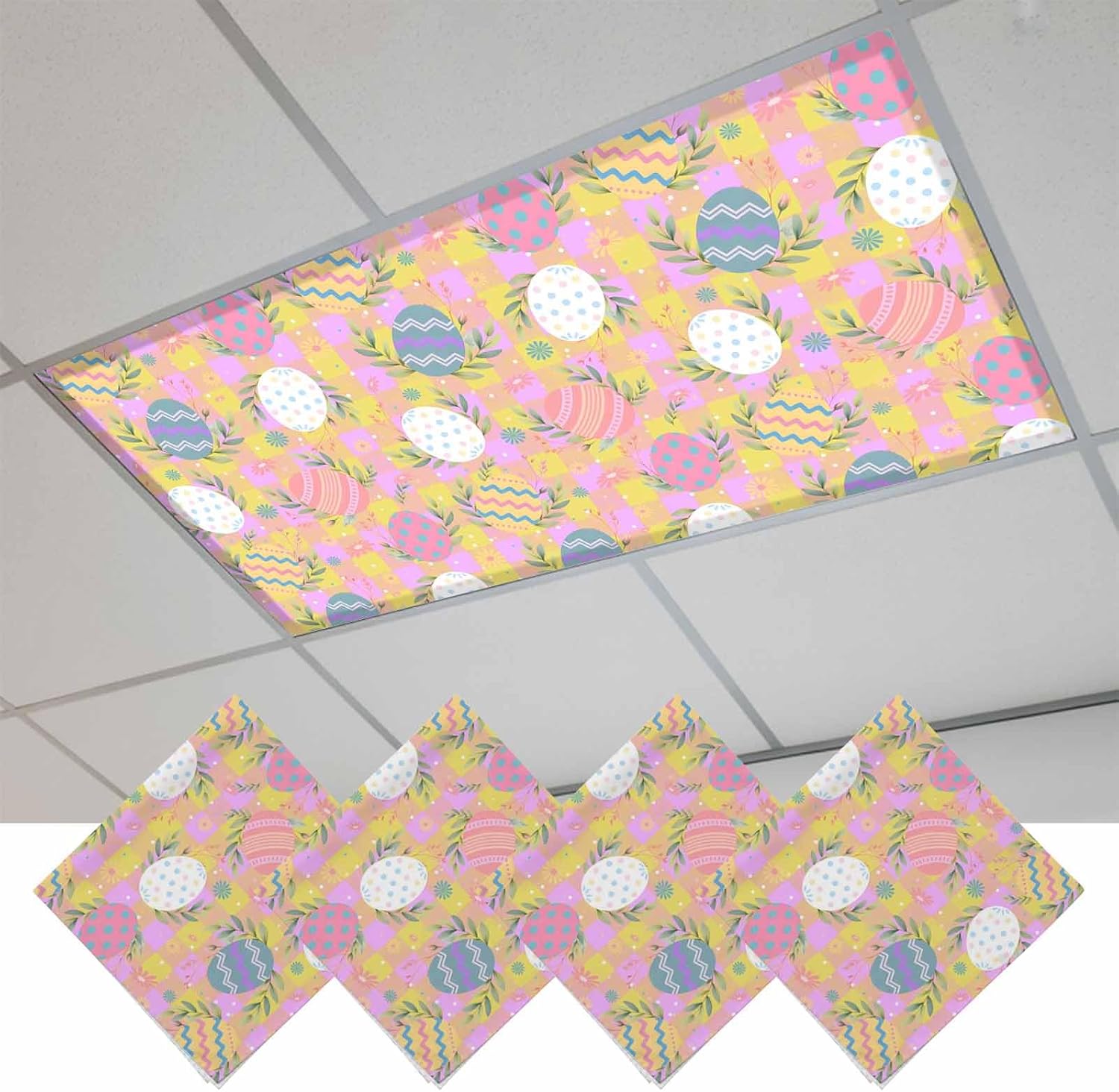 Easter Bunny Fluorescent Light Covers for Ceiling Lights 4x2 feet,4 Pack Magnetic Light Filters for Classroom,Colorful Eggs Spring Leaves Daisy Yellow Pink Plaid Fluorescent Lamp Shade Panel