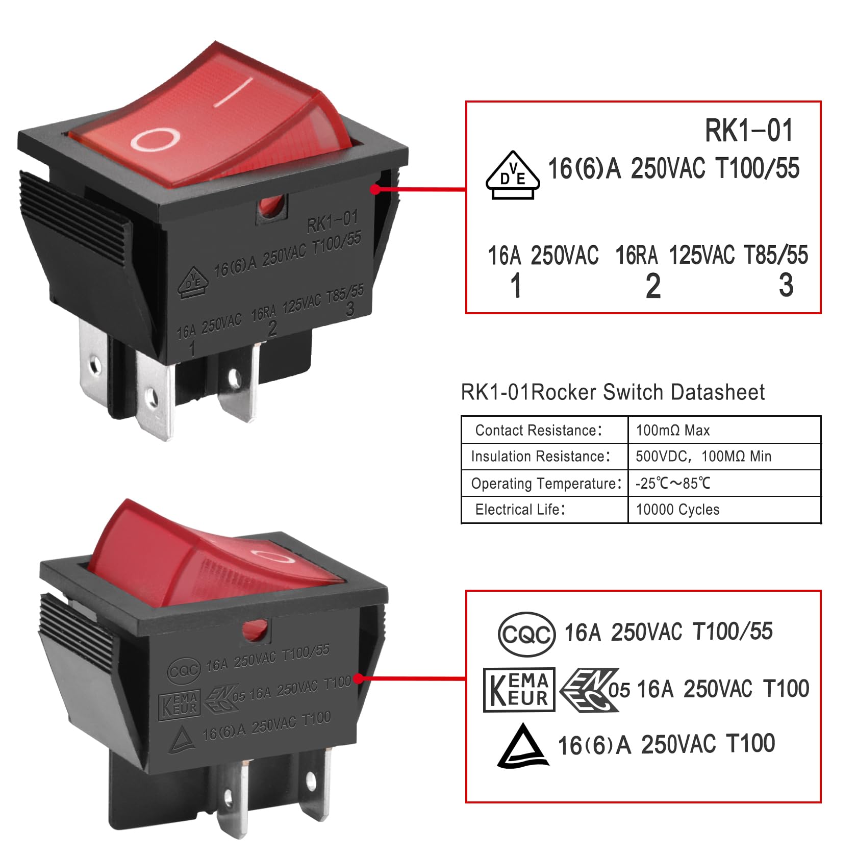 Heschen Interruttore a bilanciere, acceso/spento, DPST, 4 terminali con luce rossa, 16A 250V CA (2)