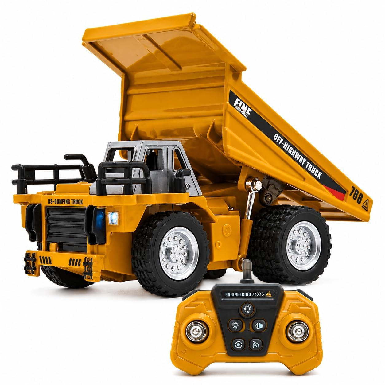 RC Dumper Truck Toy for Kids, 1:64 Die-Cast Metal Construction Truck with Remote Control, LED Lights, Lifting Dump Bed, Rubber Tyres, Engineering Vehicle Toy Gift for Boys & Girls Age 3+-image-35