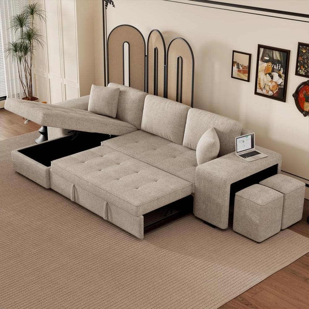 Torque Juana 6 Seater L Shape Sofa Cum Bed with Storage 2 Puffy Light Cream-LHS| Comfortable 6 Seater Sofa with Chaise Storage| Fabric Sofa Set for Living Room Furniture-picture-23