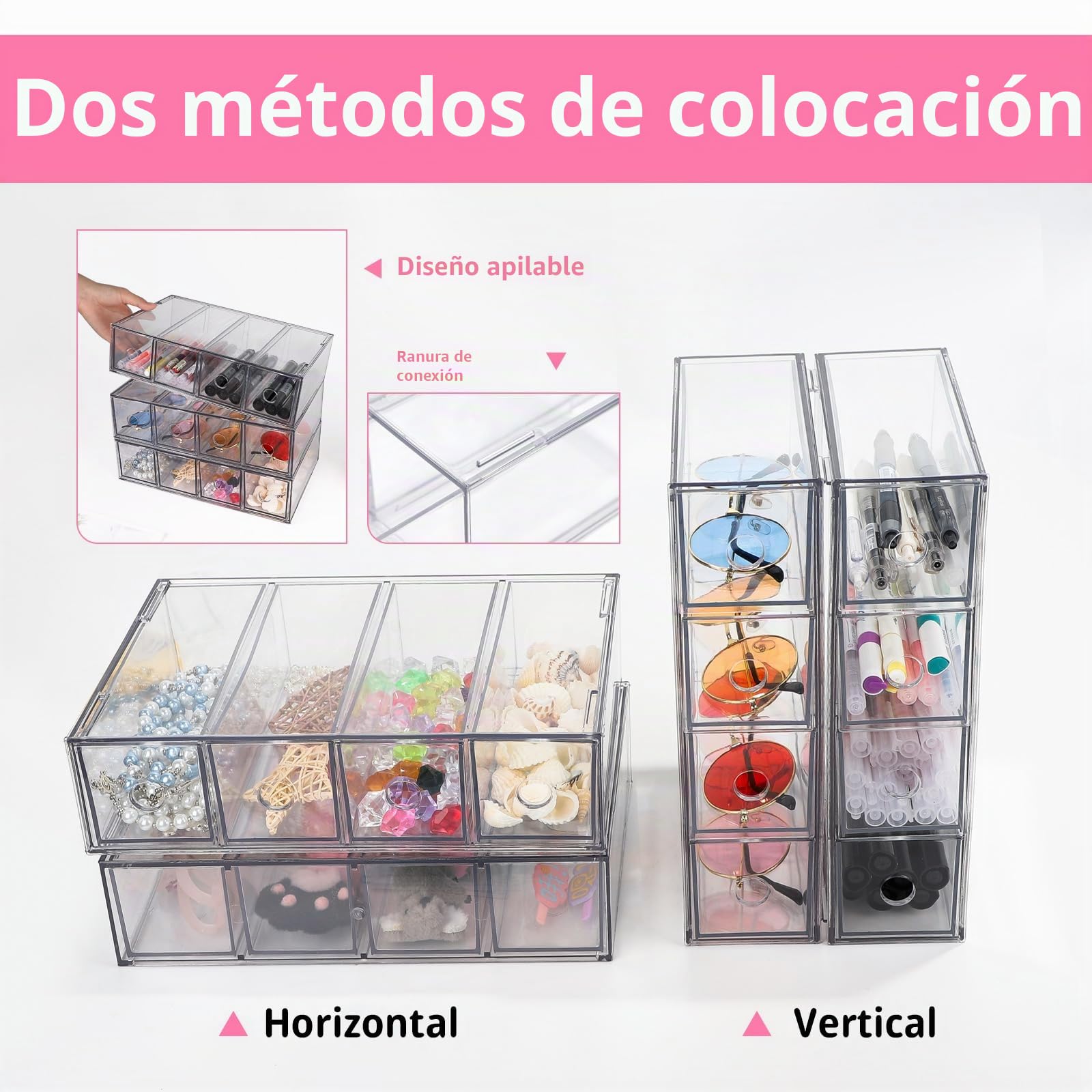 Organizador de escritorio apilable con 2 cajones y 8 compartimentos, caja de almacenamiento multifunción