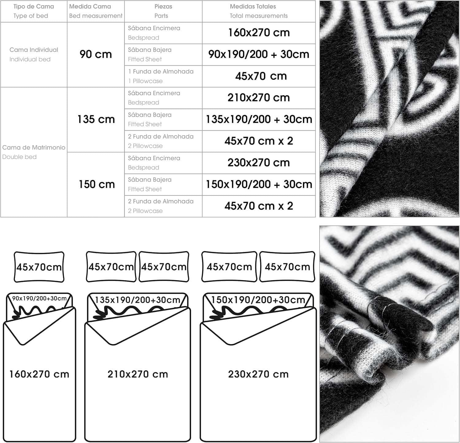 Juego de Sábanas Pirineo Termica 4 Piezas para Cama de 150 - Sábanas Polar para Invierno Cama Matrimonio | Bajera Ajustable 150x190/200+30cm, Encimera de 230x270cm y 2 Fundas Almohada 45x70cm