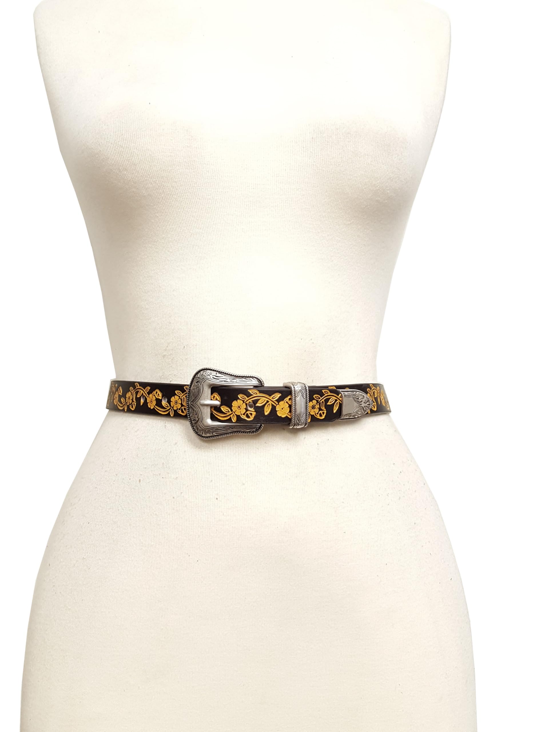 Axesoria Western-Inspired Buckle set w. hand-Painted floral tooled belt Black L/X