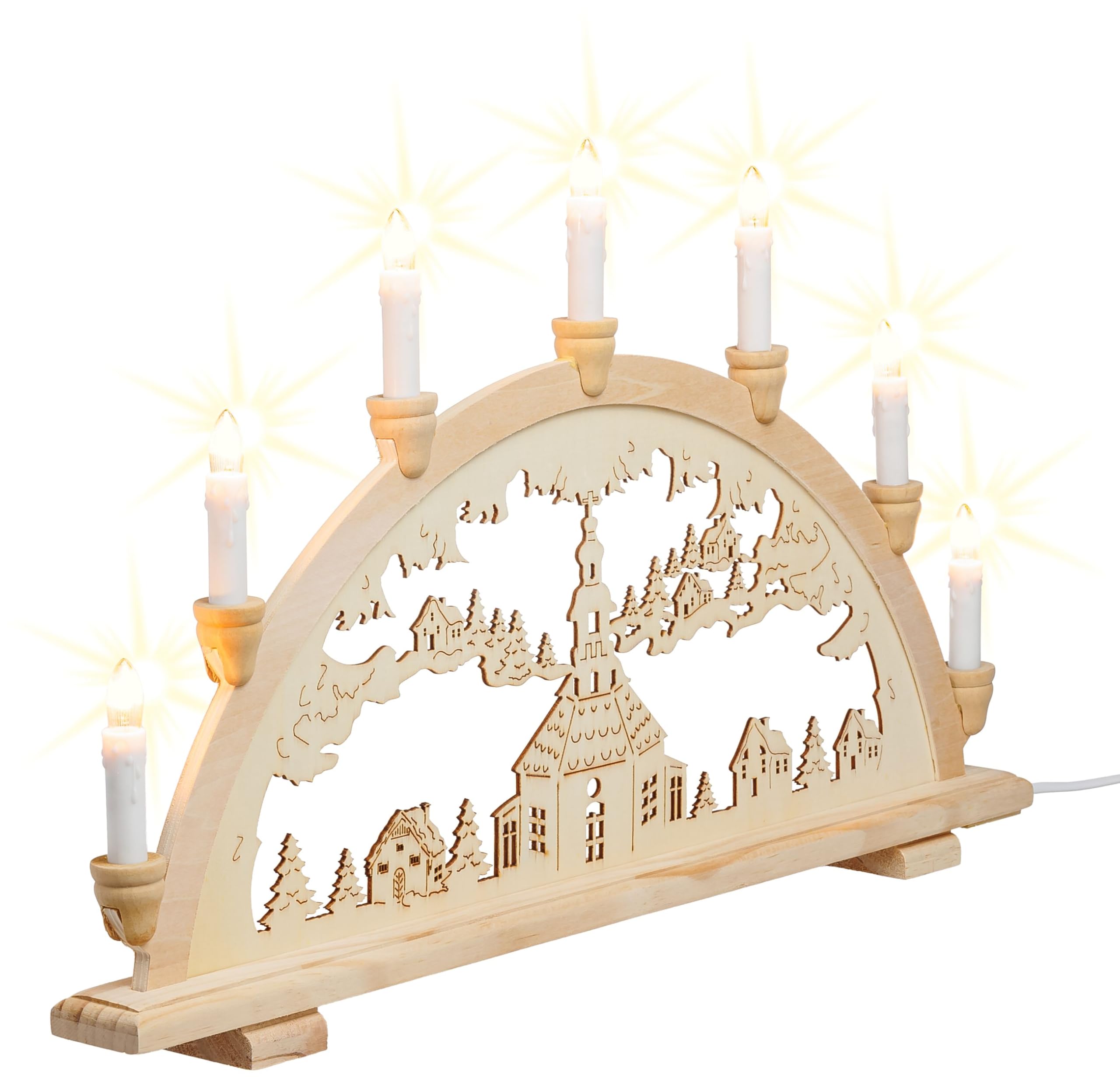 SIKORA LB13-7 klassicher Holz Schwibbogen beleuchteter Lichterbogen Motiv Seiffener Kirche Deko Weihnachten Breite ca. 57 cm