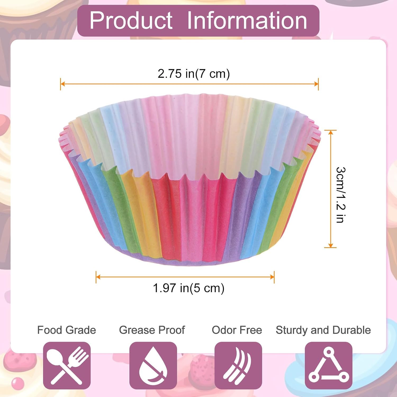 100 Pack Rainbow Cupcake Liners, Standard Size Greaseproof Baking Cups