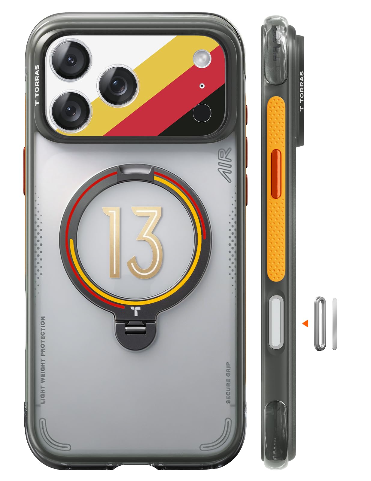 TORRAS Q3 Air 2026 Fußball Limitierte Auflage für iPhone 17 Pro Max hülle mit echtem Airbags Doppelter Schutz & 360° Magnetischer Robust Ständer, Iron